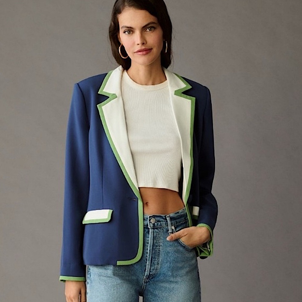 NWT Anthropologie Sz XL Maeve Colorblock Blazer Blue White Green